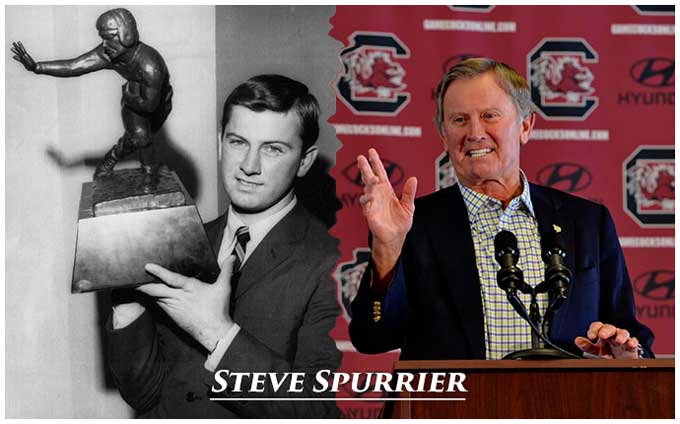 Dual image of Steve Spurrier holding Heisman Trophy and resigning as head coach of South Carolina Gamecocks