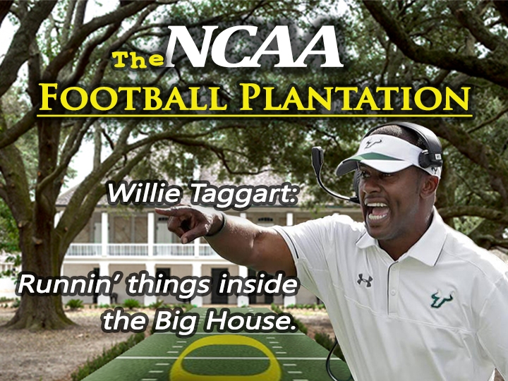 NCAA Plantation Football poster picture, featuring Willie Taggart and most current list of NCAA FBS Black coaches.