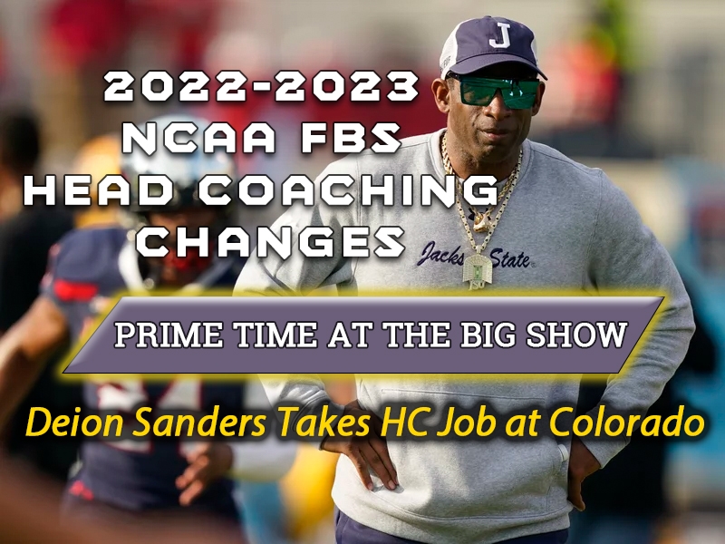 2022 NCAA FBS Head Coaching Changes banner, featuring Deion Sanders taking head coach position at Colorado. Presented by HitHighlights.com Sports Highlights USA.
